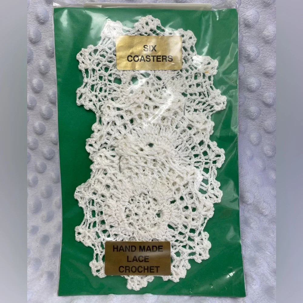 Set of Six (6) Handmade Lace Crochet Coasters - New in original packaging